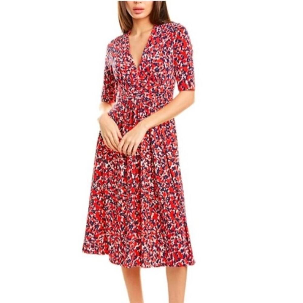 Vince Camuto Midi Dress Women's 4P Red Floral Fit and Flare V-Neck 3/4 Sleeves